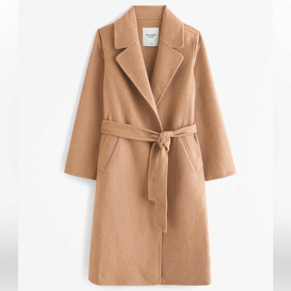 Abercrombie Double Cloth Belted Wool Blend Coat Camel Brown Petite XXS